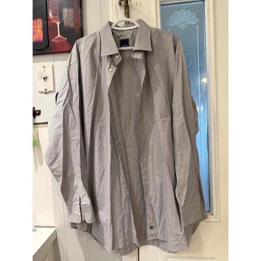 David Donahue Mens Grey White Micro Check Cotton Dress Shirt 18.5 34/35